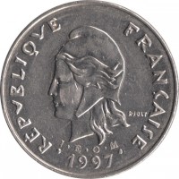 obverse of 50 Francs (1972 - 2005) coin with KM# 13 from New Caledonia. Inscription: REPUBLIQUE FRANÇAISE R. JOLY I · E · O · M 1997