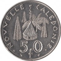 reverse of 50 Francs (1972 - 2005) coin with KM# 13 from New Caledonia. Inscription: NOUVELLE CALEDONIE 50 f