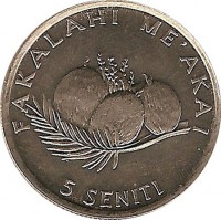 reverse of 5 Seniti - Taufa'ahau Tupou IV - FAO: World Food Day (1981 - 2005) coin with KM# 68 from Tonga. Inscription: FAKALAHI ME'AKAI 5 SENITI