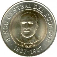 Ecuador coin 500 Sucres - 70th Anniversary to Central Bank (1997) obverse obverse of 500 Sucres - 70th Anniversary to Central Bank (1997) coin with KM# 102 from Ecuador. Inscription: BANCO CENTRAL DEL ECUADOR ISIDRO AYORA 1927 - 1997