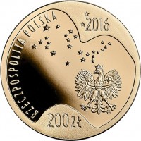 obverse of 200 Złotych - Polish Olympic Team in Rio de Janeiro 2016 (2016) coin with Y# 968 from Poland. Inscription: RZECZPOSPOLITA POLSKA 2016 200ZŁ