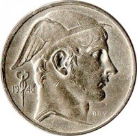 obverse of 50 Francs - Baudouin I - French text (1948 - 1954) coin with KM# 136 from Belgium. Inscription: 19 48 RAU