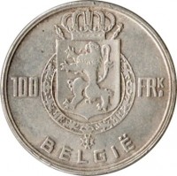 reverse of 100 Francs - Baudouin I - Dutch text (1948 - 1951) coin with KM# 139 from Belgium. Inscription: 100 FRk BELGIË