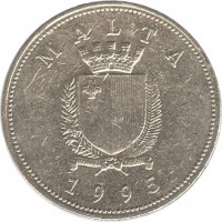 obverse of 1 Lira (1991 - 2007) coin with KM# 99 from Malta. Inscription: MALTA REPUBBLIKA TA' MALTA 1995