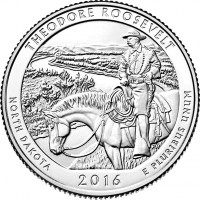 reverse of 1/4 Dollar - Theodore Roosevelt National Park (2016) coin with KM# 638 from United States. Inscription: THEODORE ROOSEVELT NORTH DAKOTA E PLURIBUS UNUM 2016