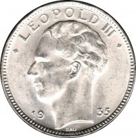 obverse of 20 Francs - Leopold III (1934 - 1935) coin with KM# 105 from Belgium. Inscription: LEOPOLD III 19 35 RAU