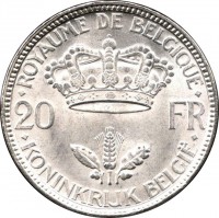 reverse of 20 Francs - Leopold III (1934 - 1935) coin with KM# 105 from Belgium. Inscription: ROYAUME DE BELGIQUE 20 FR KONINKRIJK BELGIË
