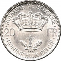 Belgium coin 20 Francs - Leopold III (1934 - 1935) reverse reverse of 20 Francs - Leopold III (1934 - 1935) coin with KM# 105 from Belgium. Inscription: ROYAUME DE BELGIQUE 20 FR KONINKRIJK BELGIË