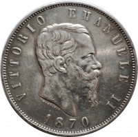 obverse of 5 Lire - Vittorio Emanuele II (1861 - 1878) coin with KM# 8 from Italy. Inscription: VITTORIO EMANUELE II FERRARIS 1870