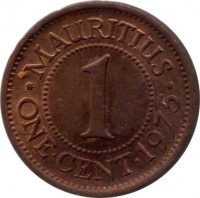 Mauritius coin 1 Cent - Elizabeth II - 1'st Portrait (1953 - 1978) reverse reverse of 1 Cent - Elizabeth II - 1'st Portrait (1953 - 1978) coin with KM# 31 from Mauritius. Inscription: * MAURITIUS * 1 ONE · CENT · 1975