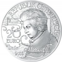 obverse of 20 Euro - Mozart: The Legend (2016) coin with KM# 3258 from Austria. Inscription: REPUBLIK ÖSTERREICH 20 EURO 2016