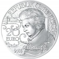 Austria coin 20 Euro - Mozart: The Legend (2016) obverse obverse of 20 Euro - Mozart: The Legend (2016) coin with KM# 3258 from Austria. Inscription: REPUBLIK ÖSTERREICH 20 EURO 2016