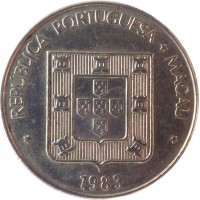 Macau coin 1 Pataca (1982 - 1985) obverse obverse of 1 Pataca (1982 - 1985) coin with KM# 23 from Macau. Inscription: * REPUBLICA PORTUGUESA * MACAU * 1983