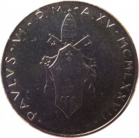 obverse of 50 Lire - Paul VI (1977) coin with KM# A121 from Vatican City. Inscription: · PAVLVS · VI · P.M. · A. XV · MCMLXXVII ·