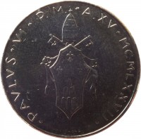 Vatican City coin 50 Lire - Paul VI (1977) obverse obverse of 50 Lire - Paul VI (1977) coin with KM# A121 from Vatican City. Inscription: · PAVLVS · VI · P.M. · A. XV · MCMLXXVII ·