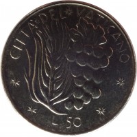 reverse of 50 Lire - Paul VI (1977) coin with KM# A121 from Vatican City. Inscription: CITTA' DEL VATICANO L.50