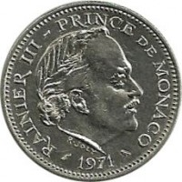 obverse of 5 Francs - Rainier III (1971 - 1995) coin with KM# 150 from Monaco. Inscription: RAINIER III - PRINCE DE MONACO R. JOLY 1971