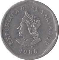 obverse of 1 Colon (1988 - 1999) coin with KM# 156 from El Salvador. Inscription: REPÚBLICA DE EL SALVADOR CRISTÓBAL COLÓN 1988
