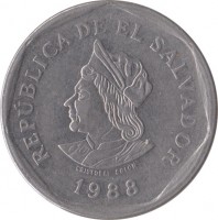 El Salvador coin 1 Colon (1988 - 1999) obverse obverse of 1 Colon (1988 - 1999) coin with KM# 156 from El Salvador. Inscription: REPÚBLICA DE EL SALVADOR CRISTÓBAL COLÓN 1988