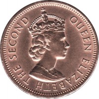 obverse of 2 Cents - Elizabeth II - 1'st Portrait (1953 - 1978) coin with KM# 32 from Mauritius. Inscription: QUEEN ELIZABETH THE SECOND