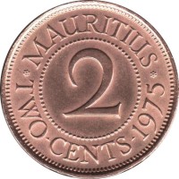 Mauritius coin 2 Cents - Elizabeth II - 1'st Portrait (1953 - 1978) reverse reverse of 2 Cents - Elizabeth II - 1'st Portrait (1953 - 1978) coin with KM# 32 from Mauritius. Inscription: MAURITIUS 2 TWO · CENTS · 1975