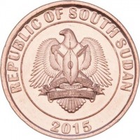 obverse of 10 Piasters (2015) coin with KM# 1 from South Sudan. Inscription: REPUBLIC OF SOUTH SUDAN 2015