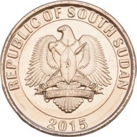 obverse of 20 Piasters (2015) coin with KM# 2 from South Sudan. Inscription: REPUBLIC OF SOUTH SUDAN 2015