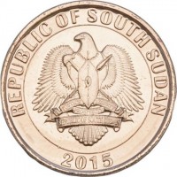 South Sudan coin 20 Piasters (2015) obverse obverse of 20 Piasters (2015) coin with KM# 2 from South Sudan. Inscription: REPUBLIC OF SOUTH SUDAN 2015