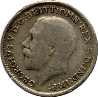 obverse of 3 Pence - George V - Maundy Coinage (1920 - 1927) coin with KM# 813a from United Kingdom. Inscription: GEORGIVS V D.G. BRITT:OMN:REX F.D.IND:IMP: B.M.
