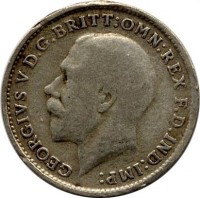 United Kingdom coin 3 Pence - George V - Maundy Coinage (1920 - 1927) obverse obverse of 3 Pence - George V - Maundy Coinage (1920 - 1927) coin with KM# 813a from United Kingdom. Inscription: GEORGIVS V D.G. BRITT:OMN:REX F.D.IND:IMP: B.M.