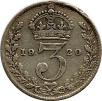 reverse of 3 Pence - George V - Maundy Coinage (1920 - 1927) coin with KM# 813a from United Kingdom. Inscription: 19 3 20