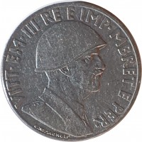 obverse of 1 Lek - Vittorio Emanuele III (1939 - 1941) coin with KM# 31 from Albania. Inscription: VITT · EM · III RE E IMP · MBRET E PER · G.ROMAGNOLI