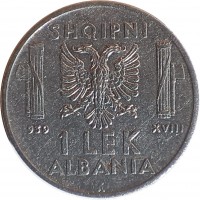 reverse of 1 Lek - Vittorio Emanuele III (1939 - 1941) coin with KM# 31 from Albania. Inscription: SHQIPNI 1939 XVI 1 LEK ALBANIA R