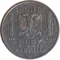 Albania coin 1 Lek - Vittorio Emanuele III (1939 - 1941) reverse reverse of 1 Lek - Vittorio Emanuele III (1939 - 1941) coin with KM# 31 from Albania. Inscription: SHQIPNI 1939 XVI 1 LEK ALBANIA R