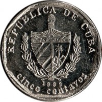 obverse of 5 Centavos (1994 - 2013) coin with KM# 575 from Cuba. Inscription: REPUBLICA DE CUBA 1999 cinco centavos