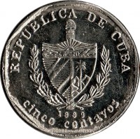 Cuba coin 5 Centavos (1994 - 2013) obverse obverse of 5 Centavos (1994 - 2013) coin with KM# 575 from Cuba. Inscription: REPUBLICA DE CUBA 1999 cinco centavos