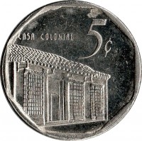 reverse of 5 Centavos (1994 - 2013) coin with KM# 575 from Cuba. Inscription: CASA COLONIAL 5¢