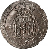 obverse of 1 Macuta - João Prince Regent van Portugal (1814 - 1819) coin with KM# 46 from Angola. Inscription: JOANNES.D.G.PORT.P.REGENS.ET.D.GUINEAE