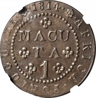 Angola coin 1 Macuta - João Prince Regent van Portugal (1814 - 1819) reverse reverse of 1 Macuta - João Prince Regent van Portugal (1814 - 1819) coin with KM# 46 from Angola. Inscription: .1814. MACU TA 1 AFRICA . PORTUGUEZA.