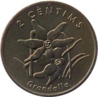 reverse of 2 Cèntims - Joan Martí i Alanis - Narcissus poeticus (2002) coin with KM# 179 from Andorra. Inscription: 2 CÈNTIMS Grandalla