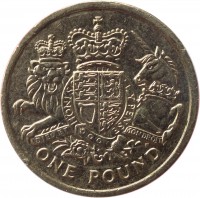 reverse of 1 Pound - Elizabeth II - Royal Coat of Arms of the UK - 5'th Portrait (2015) coin with KM# 1341 from United Kingdom. Inscription: HONI SOIT QUI MAL Y PENSE DIEU ET MON DROIT ONE POUND