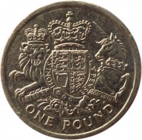 United Kingdom coin 1 Pound - Elizabeth II - Royal Coat of Arms of the UK - 5'th Portrait (2015) reverse reverse of 1 Pound - Elizabeth II - Royal Coat of Arms of the UK - 5'th Portrait (2015) coin with KM# 1341 from United Kingdom. Inscription: HONI SOIT QUI MAL Y PENSE DIEU ET MON DROIT ONE POUND
