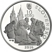 obverse of 10 Euro - 450th Anniversary of the Birth of Ján Jessenius (2016) coin from Slovakia. Inscription: SLOVENSKO 10 EURO 2016
