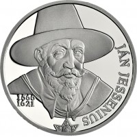 reverse of 10 Euro - 450th Anniversary of the Birth of Ján Jessenius (2016) coin from Slovakia. Inscription: JÁN JESSENIUS 1566 1621