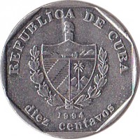 obverse of 10 Centavos (1994 - 2009) coin with KM# 576 from Cuba. Inscription: REPUBLICA DE CUBA 1994 diez centavos