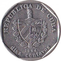 Cuba coin 10 Centavos (1994 - 2009) obverse obverse of 10 Centavos (1994 - 2009) coin with KM# 576 from Cuba. Inscription: REPUBLICA DE CUBA 1994 diez centavos