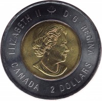obverse of 2 Dollars - Elizabeth II - 200th Anniversary of the Birth of Sir John A. Macdonald (2015) coin with KM# 1855 from Canada. Inscription: ELIZABETH II D.G. REGINA CANADA 2 DOLLARS