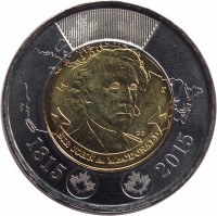 reverse of 2 Dollars - Elizabeth II - 200th Anniversary of the Birth of Sir John A. Macdonald (2015) coin with KM# 1855 from Canada. Inscription: SIR JOHN A. MACDONALD 1815 - 2015