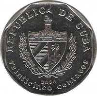 obverse of 25 Centavos (1994 - 2008) coin with KM# 577 from Cuba. Inscription: REPUBLICA DE CUBA 1994 veinticinco centavos