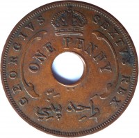 obverse of 1 Penny - George VI (1952) coin with KM# 30a from British West Africa. Inscription: GEORGIVS SEXTVS REX ONE PENNY وَاحِد پَنّي